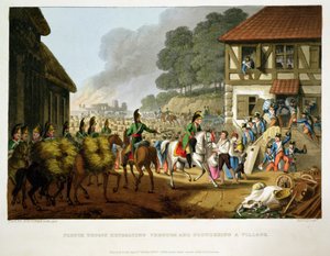 Francuskie wojska wycofujące się i plądrujące wioskę, grawerowane przez Matthew Dubourga (fl.1813-20) z „Anegdoty historyczne, wojskowe i morskie”, wyd. Edward Orme (1774-c.1820) 1816 (akwatinta) autorstwa John Heaviside Clark