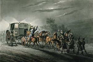 Zdobycie karety Bonapartego, papieru i skarbu przez majora von Kellera, Waterloo, 18 czerwca 1815, grawerowane przez Matthew Dubourga (fl.1813-20)