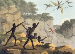Rzucanie włócznią, aborygeni polujący na ptaki z Nowej Południowej Walii grawerowane przez Matthew Dubourga (f.1813-1820) wyd. 1813