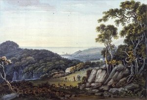 Widok z Dargle do Bray, Glen of the Downs, hrabstwo Wicklow, ok. 1822 (akwarela) autorstwa John Henry Campbell