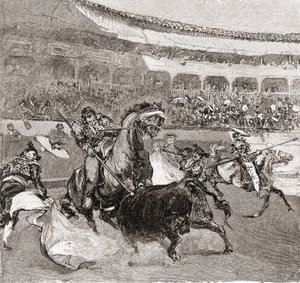 Walka byków w Sewilli, Hiszpania, z The Century Illustrated Monthly Magazine, opublikowanej w 1884 r. (drewno) autorstwa John Henry Ellsworth Whitney