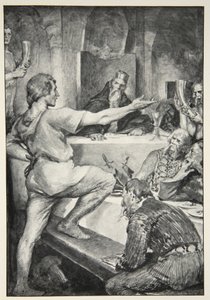 Beowulf wyniośle odpowiada Hunferthowi z „Hero Myths and Legends of the British Race” autorstwa M.I. Przypływ, 1910