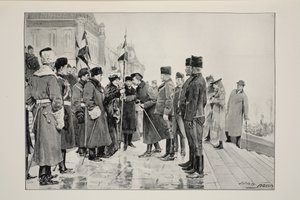 Lady Minto przedstawiająca kolory koniowi Herchmera, opuszczając Ottawę, 19 stycznia 1900 r., fot. J.C. Hemment