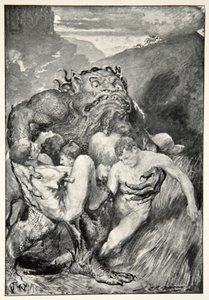 Demon zła, ze swoją dziką żarłocznością, chciwie ich pochwycił z „Hero Myths and Legends of the British Race” autorstwa M.I. Przypływ, 1910