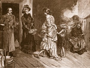 Zachód spotyka się ze Wschodem: zamożni goście mieszkający w slumsach, ilustracja z „Ilustrowanej historii Anglii Cassella” (zdjęcie w sepii)