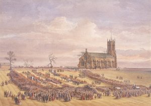 Pochówek ofiar katastrofy w kopalni Hartley w Earsdon Churchyard, 26 stycznia 1862 (akwarela na papierze) autorstwa John Henry Leonard