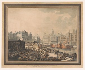 Widok na targ rybny na placu Dam w Amsterdamie Tama Feyge z częścią targu rybnego w Amsterdamie (tytuł na obiekcie) autorstwa John Henry Wright