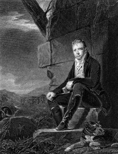 Walter Scott, szkocki poeta i powieściopisarz, siedzący na kamieniu w towarzystwie psa, 1808