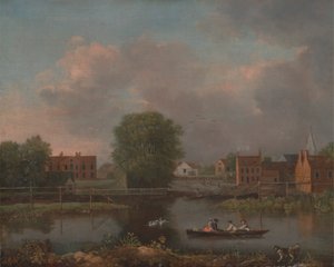 Uma paisagem de rio, possivelmente uma vista do West End de Rochester Bridgepolish autorstwa John Inigo Richards RA