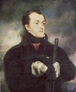 Portret kapitana Lyona, połowa długości, w płaszczu obszytym futrem, trzymającego broń autorstwa John Jackson