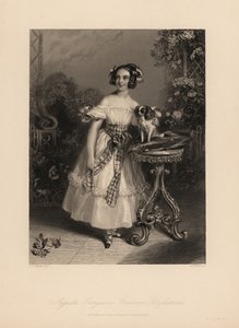 Augusta Georgina Frederica Fitzclarence, córka lorda Fryderyka Fitzclarence, nieślubny syn króla Wilhelma IV. Nosi włosy w loki i wstążki, nosi sukienkę z odkrytymi ramionami przewiązaną szarfą, trzyma spaniela King Charles na poduszce autorstwa John James (after) Chalon