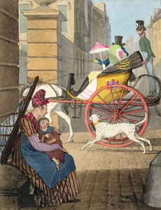 Wejście do powozu, z "Dwudziestu czterech tematów przedstawiających stroje Paryża", rycina Charlesa Josepha Hullmandela (1789-1850), opublikowana w latach 1817-22 autorstwa John James Chalon