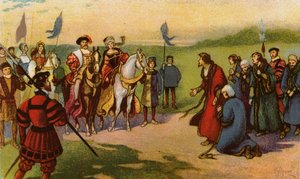 Król Henryk VIII i Katarzyna Howard przybywający do Yorku po Pielgrzymce Łaski 1541 (chromolitho)