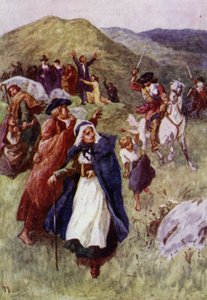 Żołnierze odpędzający ludzi, którzy spotkali się, by modlić się na szkockich wzgórzach (kolor lito)