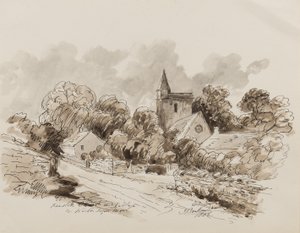 Kewstoke Church and Village, Weston Super Mare, Somerset, 1882 (pióro, pędzel i atrament na papierze) autorstwa John Joseph Barker