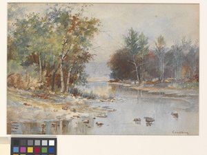 Bez tytułu (Stream In Autumn) (akwarela na białym papierze akwarelowym tłoczonym na zimno) autorstwa John Joseph Enneking