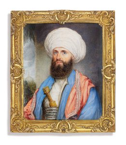James Silk Buckingham (1786-1855), w białej koszuli z jasnoniebieskim płaszczem, różowym haftowanym szalem na ramionach i białym turbanie ze sztyletem przymocowanym do pasa, pejzażowe tło z meczetem autorstwa John Jukes