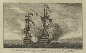 Sir Francis Drake podejmujący walkę z "Cacafuego", bogatym hiszpańskim statkiem