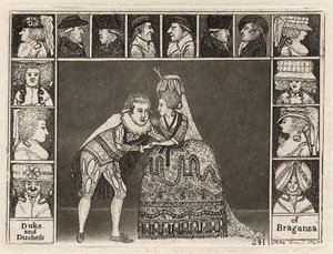 Mary Ann Yates i Laurence Clinch grają księcia i księżną Braganza w Braganzas otoczeni przez członków publiczności. 1785 autorstwa John Kay