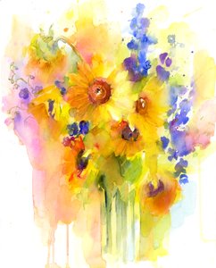 Słoneczniki i delphinium, 2016, (akwarela)