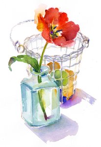 Tulipan z koszykiem na jajka, 2014, (akwarela) autorstwa John Keeling
