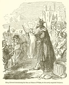 Król Edward przedstawia swojego syna jako księcia Walii swoim nowo nabytym poddanym autorstwa John Leech
