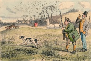 Pan Jogglebury Crowdey z psem i pistoletem, lata 60. XIX wieku. autorstwa John Leech