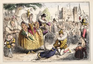 Królowa Elżbieta i Sir Walter Raleigh, z The Comic History of England, wyd. 1864 (akwaforta ręczna) autorstwa John Leech