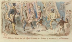 Odbiór obrazów w Akademii Królewskiej - Przybycie Portretu Dżentelmena, 1846 (pióro i atrament i wc) autorstwa John Leech
