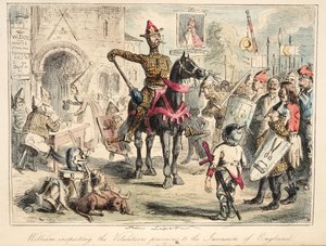 Wilhelm Zdobywca dokonujący inspekcji Ochotników przed inwazją na Anglię, z The Comic History of England, wyd. 1864 (akwaforta ręczna)