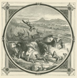 Kiedy wilk nadchodzi, woły przestają walczyć, by zjednoczyć się w samoobronie (rycina) autorstwa John Leighton