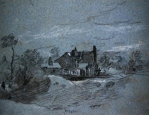 Domek w leśnym krajobrazie (biało-czarne kredy na niebieskim papierze) autorstwa John Linnell