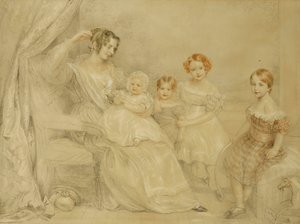 Portret pani W.S. Fry i jej czworo dzieci: Emma, Willy, Julie i Georgina, siedząc we wnętrzu, 1840 autorstwa John Linnell