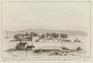 Bedloe Island od Communipaw Ave., Jersey City, NJ, 1861 autorstwa John M. August Will