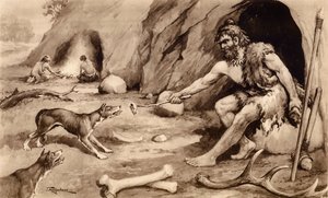 Jaskiniowiec karmiący psa (litografia) autorstwa John Macfarlane