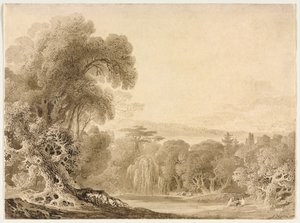 Postacie siedzące nad jeziorem w zalesionym krajobrazie, 1820 r. autorstwa John Martin