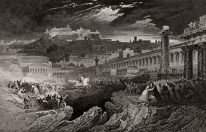 Marcus Curtius jadący w przepaść, ryty przez H. Le Keux autorstwa John Martin