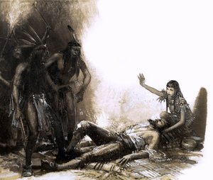 Pocahontas interweniująca, by uratować życie kapitana Smitha (gwasz na papierze)