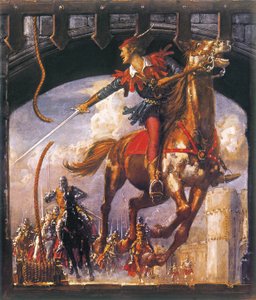 Robin Hood ścigany przez normańskich żołnierzy autorstwa John Millar Watt