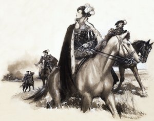 Niezidentyfikowana królowa opuszczająca dymiące miasto pod eskortą autorstwa John Millar Watt