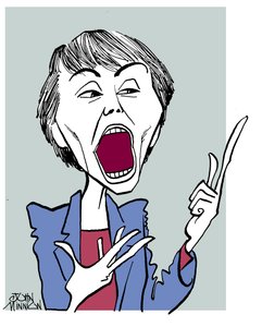 Camille Paglia - karykatura z otwartymi ustami autorstwa John Minnion
