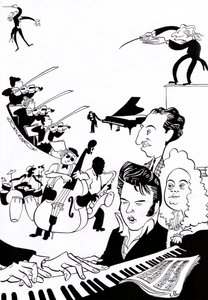 Fantazja muzyczna - okładka książki muzycznej lub artykułu - z dyrygentami, muzykami, instrumentami, skrzypcami, perkusją, kontrabasem, saksofonem, fortepianem, partyturą, Elvisem, Bachem, autorstwa John Minnion