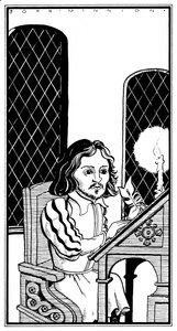 Thomas Tallis - karykatura siedzącego przy biurku angielskiego kompozytora - 30 stycznia 1505 - 23 listopada 1585 autorstwa John Minnion