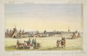 Fort Union i rozdawanie towarów Assiniboinom autorstwa John Mix Stanley