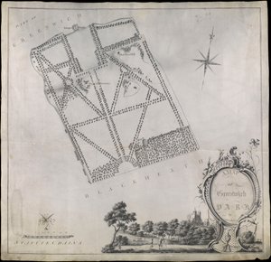 Plan parku Greenwich z Królewskim Obserwatorium, wzgórzem One Tree Hill i Domem Strażnika autorstwa John Morton