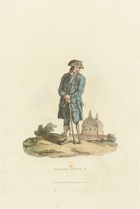 England - Plate 12. Emeryt z Greenwich z drewnianą nogą opartą na kiju (akwatinta)