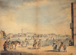 Brighton, przedstawiający krążącą bibliotekę panny Widgett, Marlborough House, Castle Inn and Assembly Rooms oraz Marine Pavilion, 1792 autorstwa John Nixon