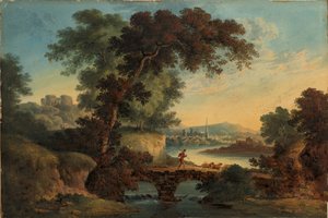 Paisagem com Castelo e Ponte, cerca de 1808-20 (Guache e aguarela)polonês autorstwa John Oldfield