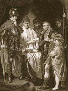 Baliol oddający swoją koronę Edwardowi I, rytowany przez J. Parkera, ilustracja z „Historii Anglii” Davida Hume