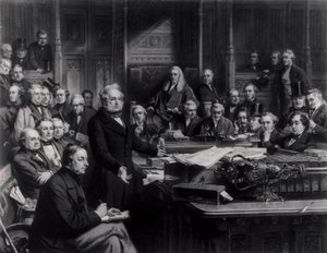 Izba Gmin w 1860: Lord Palmerston przemawiając w Izbie podczas debaty nad traktatem z Francją, grawerowane przez Falknera, 1863 (patrz także 42219 i 107821) autorstwa John Phillip